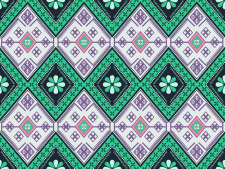 Geometric seamless ethnic traditional pattern in rectangle triangle floral style and crossing stripe line. Rectangle in green pink purple white. Design fabric background wallpaper vector carpet.の写真素材