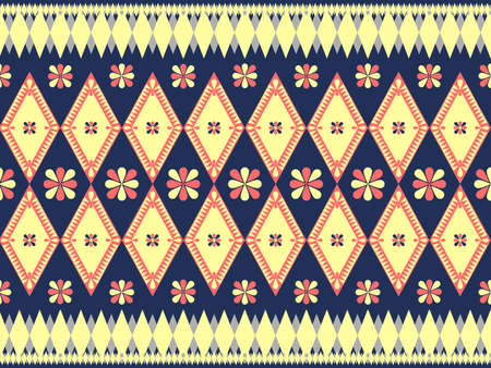Seamless of ethnic, traditional pattern as geometric rectangle triangle floral style with diamond bar. Pattern in color of blue, yellow, orange. Design for fabric background wallpaper vector carpet.の写真素材