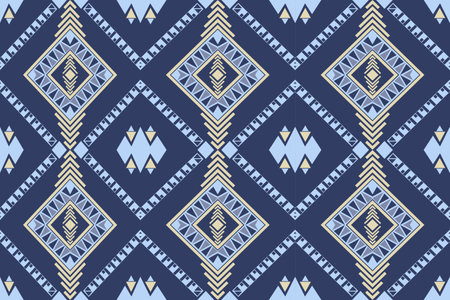 Geometric seamless ethnic traditional pattern in rectangle and small triangle style and crossing stripe line. Rectangle in navy blue yellow white. Design fabric background wallpaper vector carpet.の写真素材