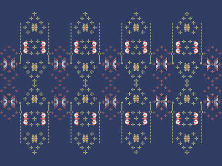 Geometric seamless ethnic traditional pattern in small embroidery style. Pattern in color of navy blue white yellow pink orange. Design for fabric background wallpaper vector carpet.の写真素材