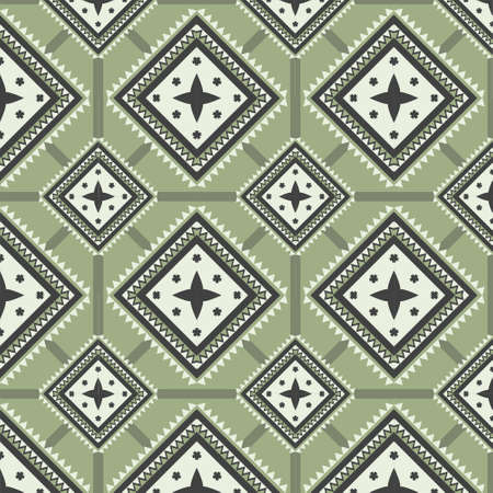 Geometric seamless ethnic traditional pattern in swithing rectangle style and crossing stripe line zigzag. Color of green tone. Design fabric background wallpaper vector carpet.の写真素材