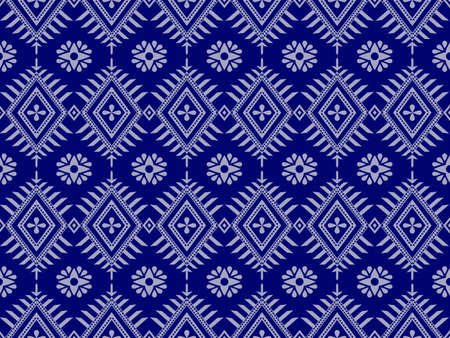 Geometric seamless ethnic traditional pattern in rectangle triangle floral style and crossing stripe line. Floral Rectangle in blue tone. Design for fabric background wallpaper vector carpet.の写真素材