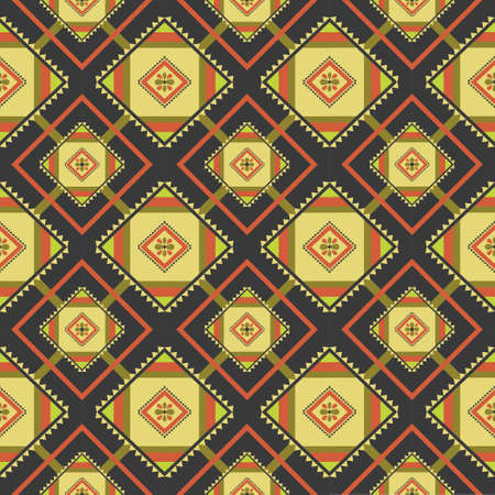 Geometric seamless Ethnic traditional pattern in swithing rectangle style and crossing stripe line zigzag. Colorful of yellow gray green orange. Design fabric background wallpaper vector carpet.の写真素材