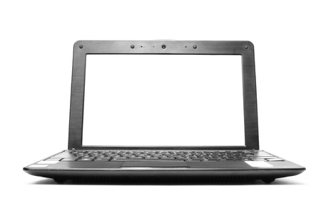 Black laptop isolated over whiteの写真素材