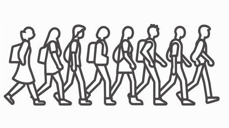 People walking in line art style. Vector illustration of people walking in line art style.の素材