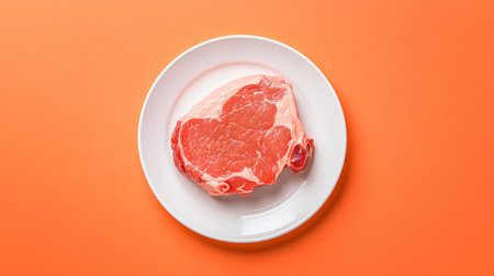 Raw fresh beef steak on white plate on orange background, top viewの素材