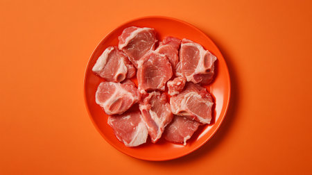 Raw pork chops on orange plate on orange background. Top view.の素材