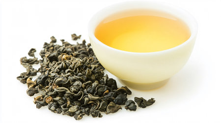 Green tea in a cup and dry tea leaves isolated on white backgroundの素材