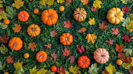 Autumn background with pumpkins, leaves and berries on green grassの素材