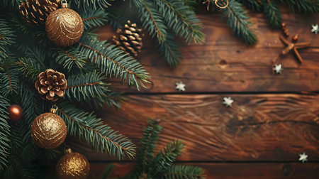 Christmas background with fir tree branches and golden balls on wooden background.の素材