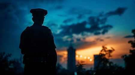 Silhouette of a police officer in the city at sunset.の素材
