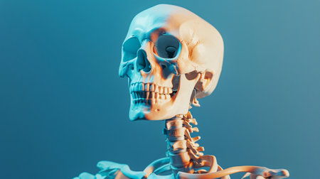 Human skeleton model on blue background. Anatomy concept. 3D Renderingの素材