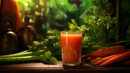 Fresh carrot juice in glass with fresh carrots and celery leaves on wooden tableの素材