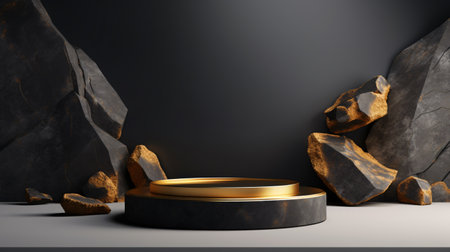 3d render of black marble podium for product display with copy space.の素材