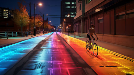 Cyclist on the road in the city at night with colorful lightsの素材