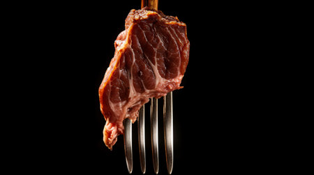 A piece of beef on a fork on a black background. Close-up.の素材