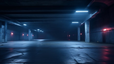 Underground parking lot with neon lights. Night scene. 3d renderingの素材