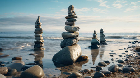 Stacked stones on the seashore. Zen and meditation conceptの素材