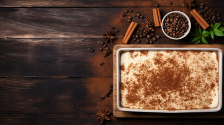 Tiramisu cake with cinnamon and coffee beans on wooden backgroundの素材