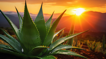 Aloe vera plant on the background of the sunset sky.の素材