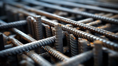 Closeup of steel reinforcement bar at construction site. Selective focus.の素材