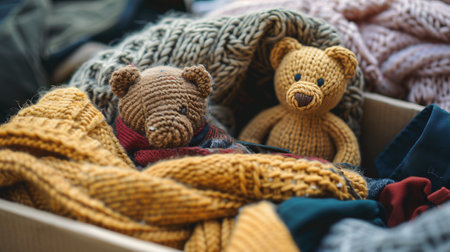 Close-up of knitted teddy bears and plaid.の素材