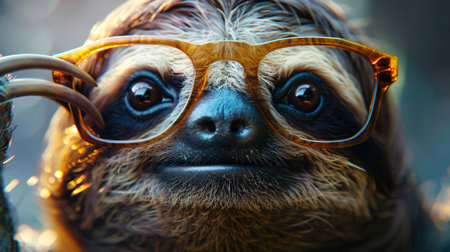 Portrait of a sloth in glasses. Close-up.の素材