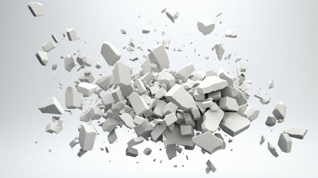 3d rendering of cracked white cubes in gray background with copy spaceの素材