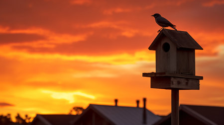 A bird sits on a birdhouse in front of a beautiful sunsetの素材