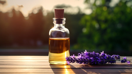 Lavender oil in a glass bottle on a wooden table.の素材