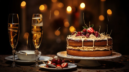 Two glasses of champagne and a cake with strawberries on a dark backgroundの素材