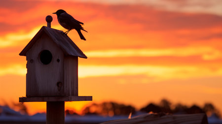 A birdhouse at sunset in winter. Bird feeder for birds.の素材