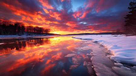 Beautiful sunset on the river in winter. Colorful winter landscape.の素材