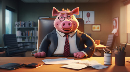 Piggy bank manager sitting at his desk. 3d renderingの素材