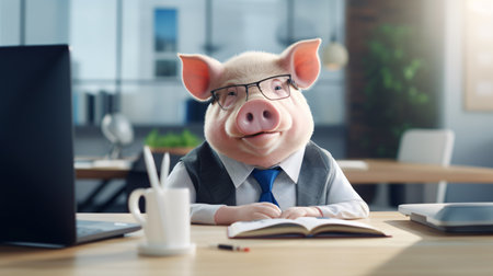 Businessman in glasses and tie with piggy head is reading a book at workplace in officeの素材