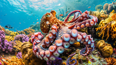 Octopus on a colorful coral reef in the Red Sea, Egyptの素材
