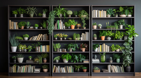 Black bookshelves with different houseplants. 3D renderingの素材