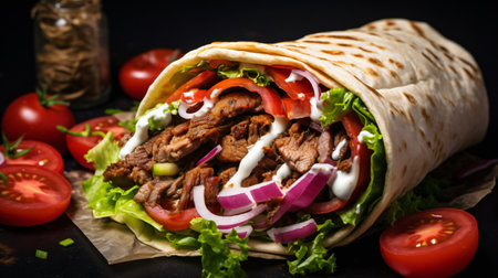Doner kebab - grilled meat and vegetables in pita breadの素材