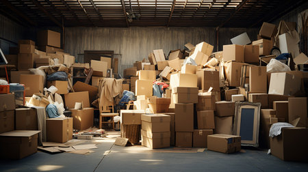 Messy cardboard boxes in a warehouse. Shallow depth of fieldの素材