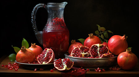 Pomegranate juice in a glass jug on a dark backgroundの素材