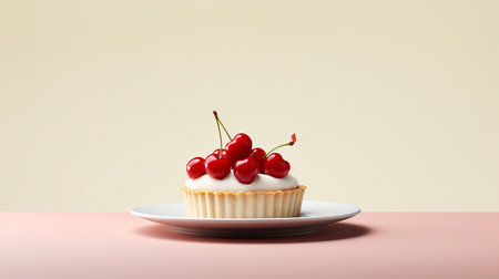 cherry cupcake on a white plate on a pastel backgroundの素材