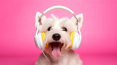 Cute West Highland White Terrier dog listening to music with headphones on pink backgroundの素材