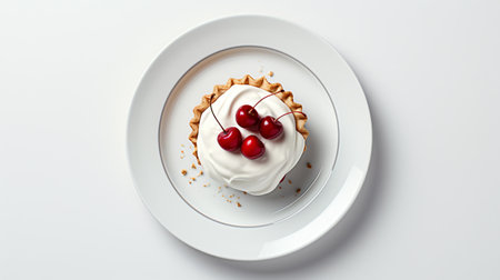 Piece of cake with cherries on white plate, top viewの素材