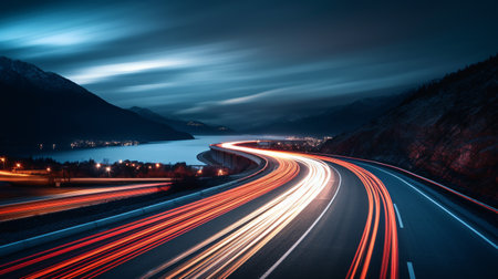 lights of moving cars at night. long exposure photo taken in norwayの素材
