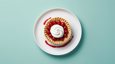 Top view of cherry pie with whipped cream on white plate on blue backgroundの素材
