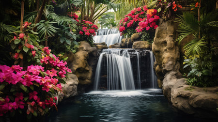 Waterfall in the garden with red flowers in the park, natureの素材