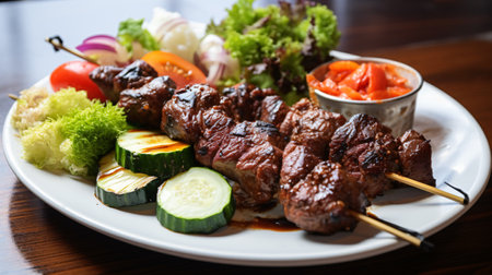grilled meat with vegetables on a plate in a restaurant, closeupの素材