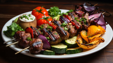 Grilled shish kebab with vegetables on wooden skewersの素材