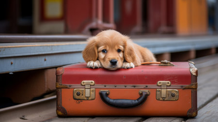 Cute Golden Retriever Puppy Lying On A Vintage Suitcaseの素材