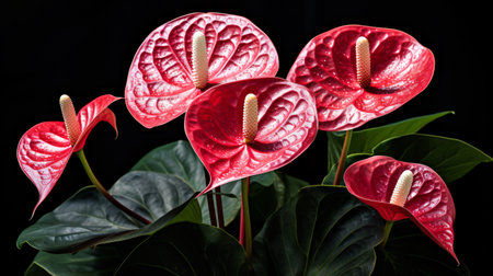 Beautiful red anthurium flowers on black background, closeupの素材